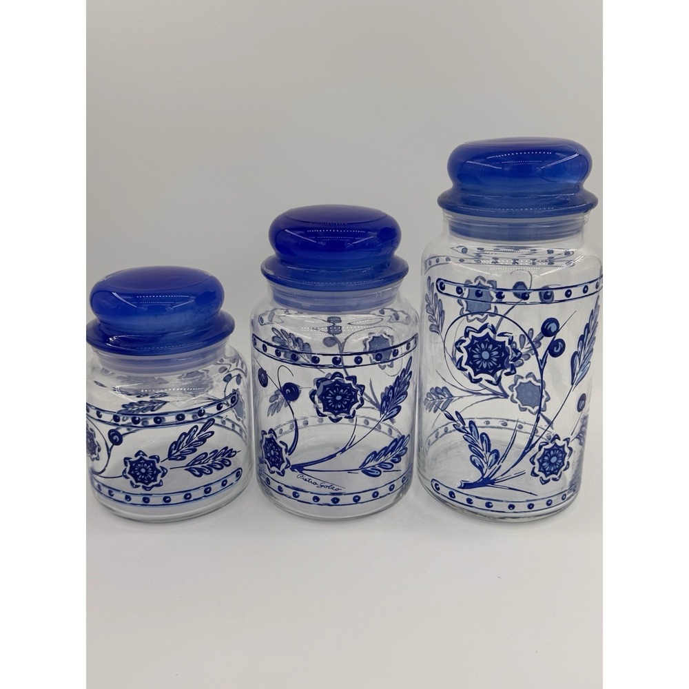 Anchor Hocking Glass Pietro Gobeo Set Of 3 Blue Kitchen Canister Flower 1970s